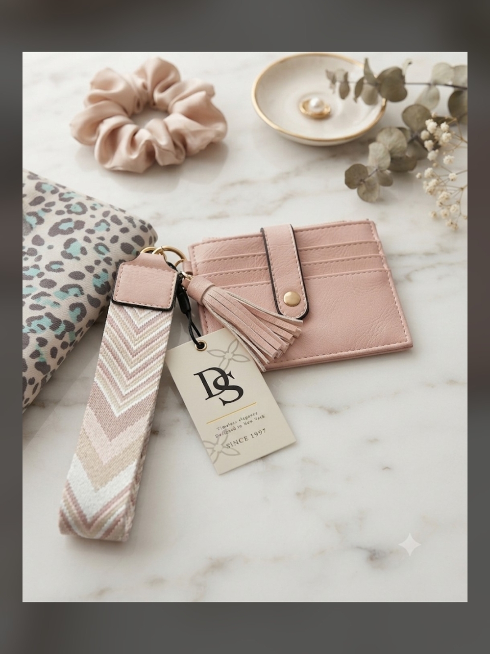 Soft Pink Leather Card Sleeve with Tassel and Wrist Strap